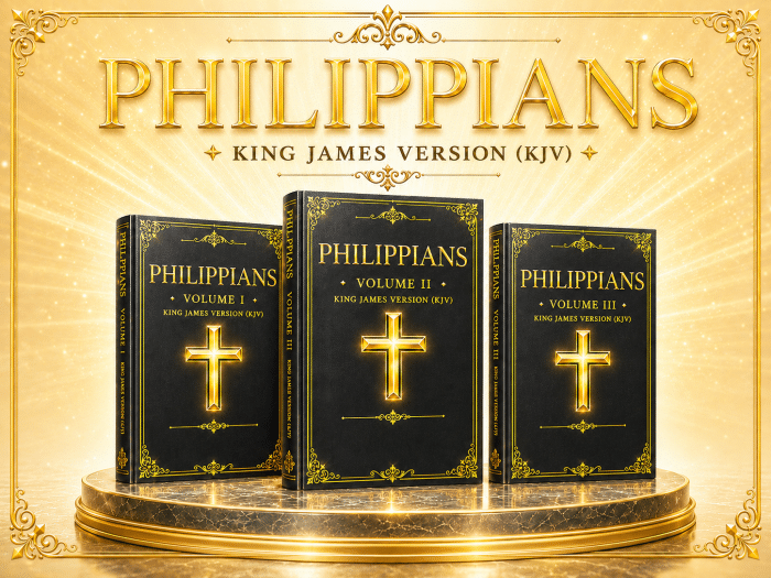 Three black and gold Philippians KJV books displaying crosses rest on a golden plinth against a sparkling background.