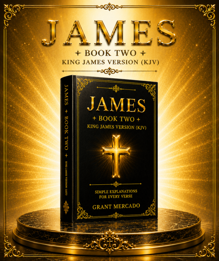A black and gold book titled James Book Two featuring a cross stands upright on a golden plinth.