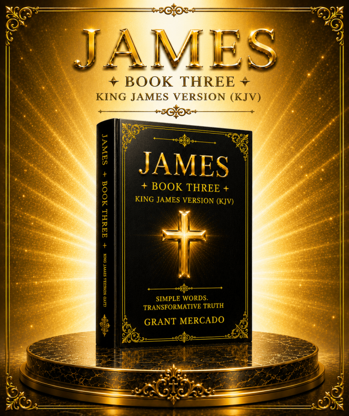 A black and gold book titled James Book Three rests on a golden plinth with a glowing cross.
