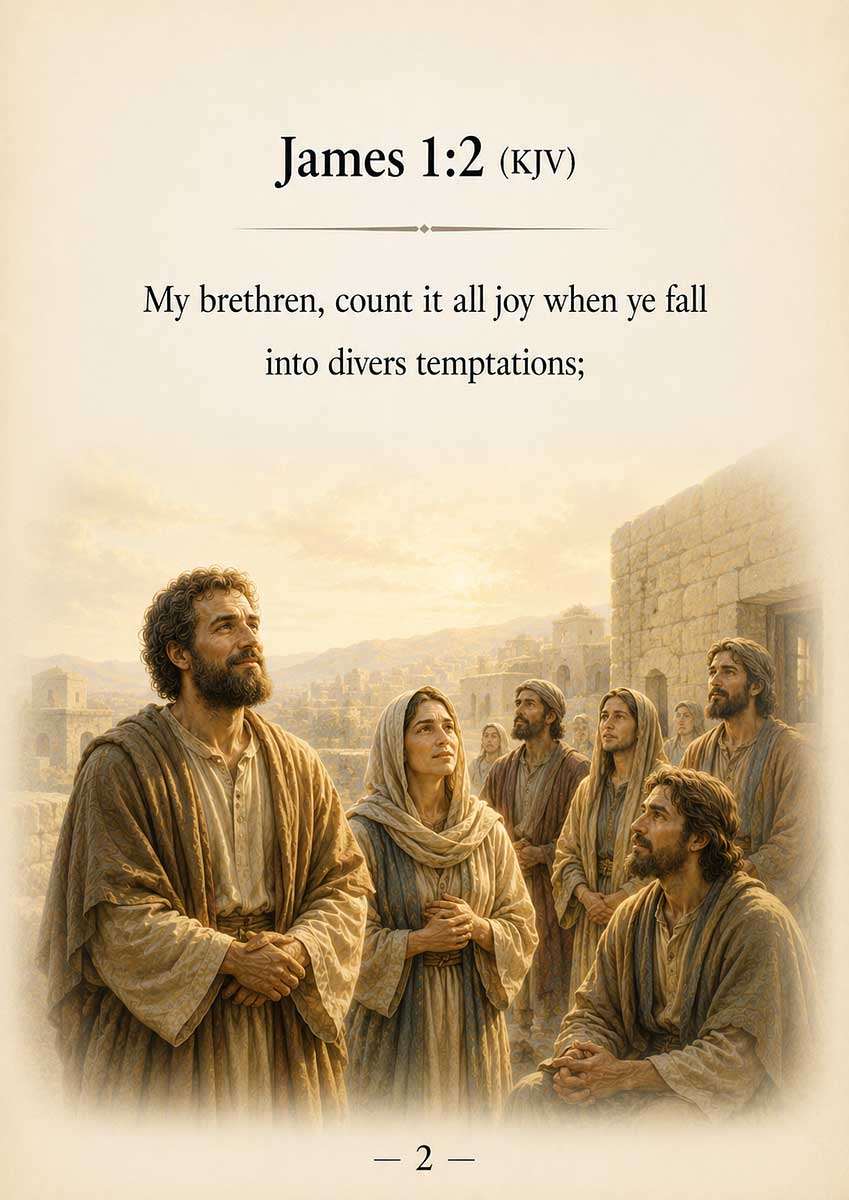 Seven individuals in biblical robes gaze upward, with the text of James 1:2 displayed above them on a beige background.