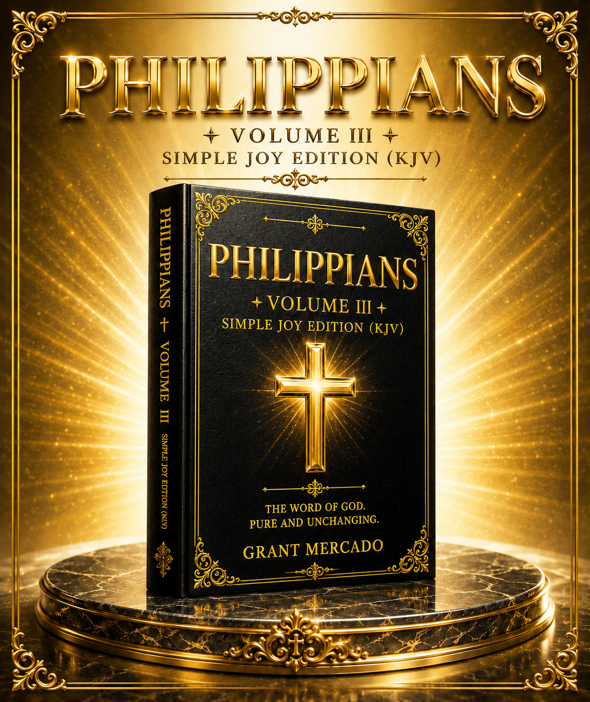 A black and gold book titled Philippians Volume III rests on a round marble plinth.
