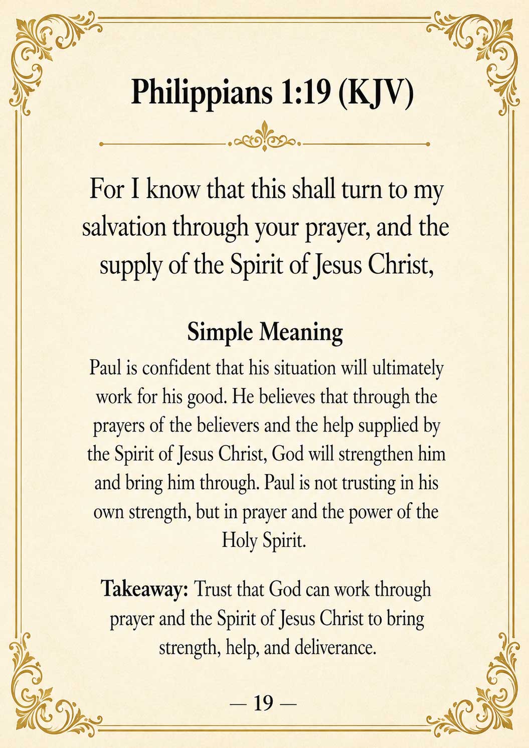 Image displays Philippians 1:19 KJV, followed by an explanation, a simple meaning, and a takeaway about the importance of prayer and relying on God's help.