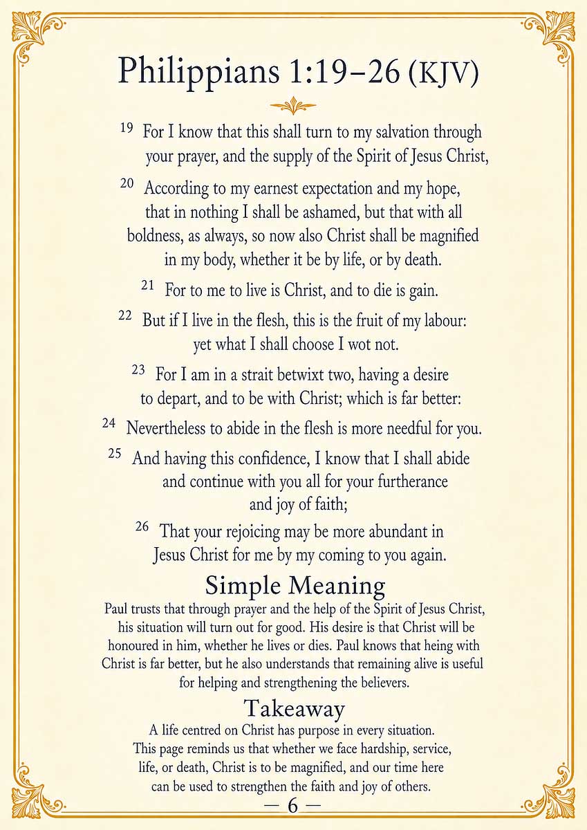 A passage from Philippians 1:19-26 (KJV) displayed on a page, accompanied by a summary section labelled Simple Meaning and another section labelled Takeaway.