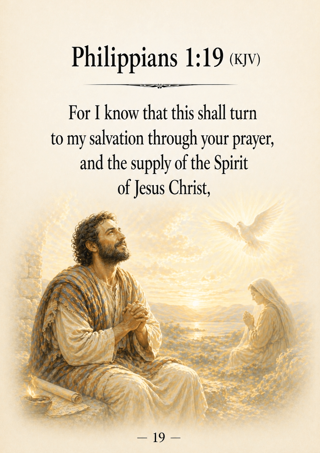 A man and woman are praying outdoors with a dove flying above them, accompanied by the text of Philippians 1:19 from the KJV.